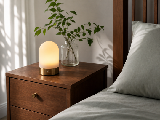RestKit sunrise lamp glowing on a bedside table