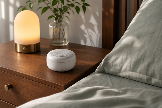 Compact RestKit white noise pod on a bedside table