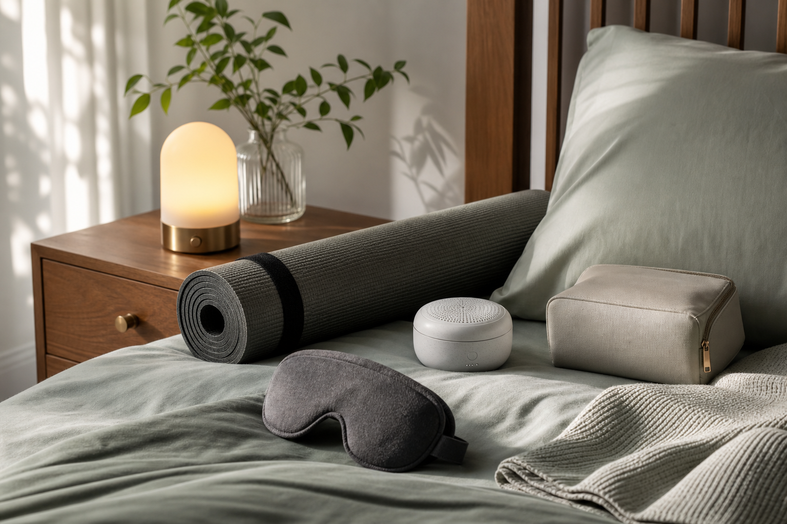 Sleep and recovery kit arranged on a calm bed